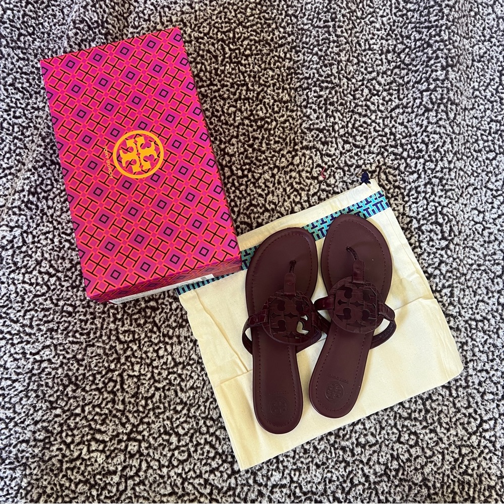 Maroon/Claret Tory Burch Croco Emboss Sandals